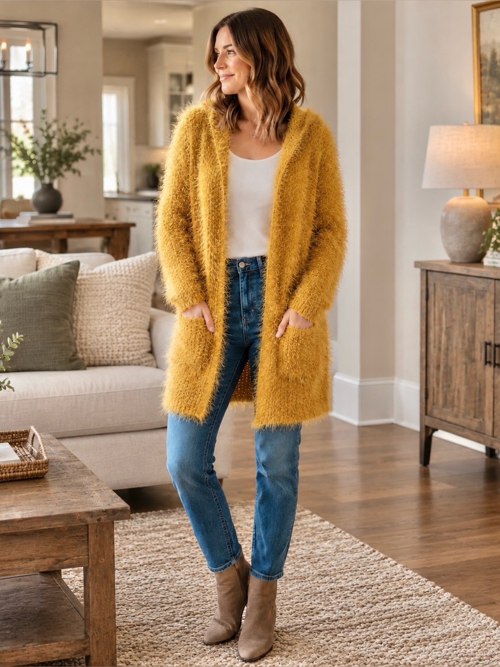 $148 Karen Kane Fuzzy Eyelash Hooded Open Front Long Cardigan Mustard Yellow Sml